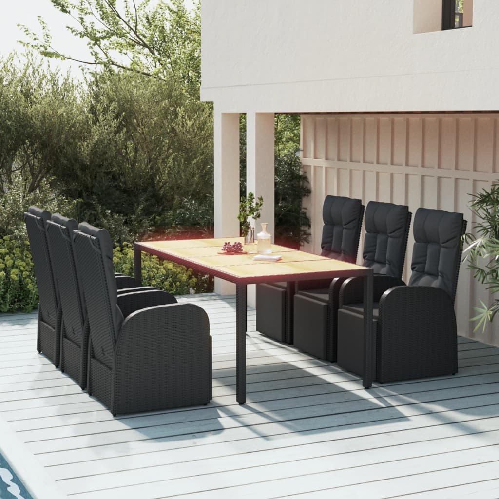 9 Piece Garden Dining Set Black Poly Rattan&Solid Wood Acacia