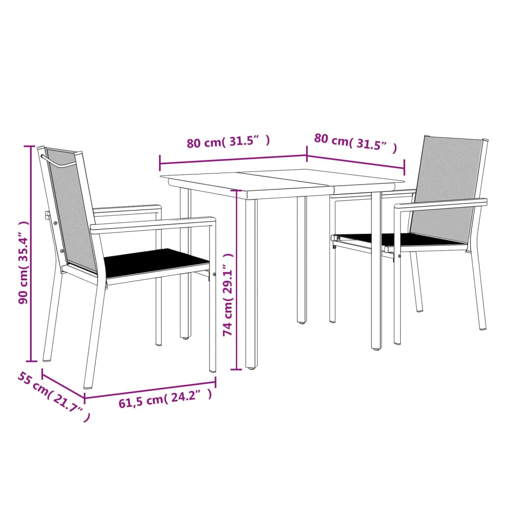 3 Piece Garden Dining Set Black Textilene And Steel