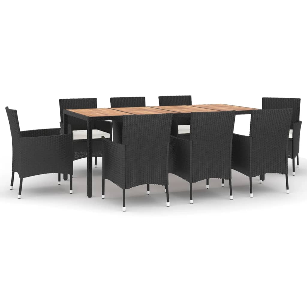 9 Piece Garden Dining Set With Cushions Black Poly Rattan