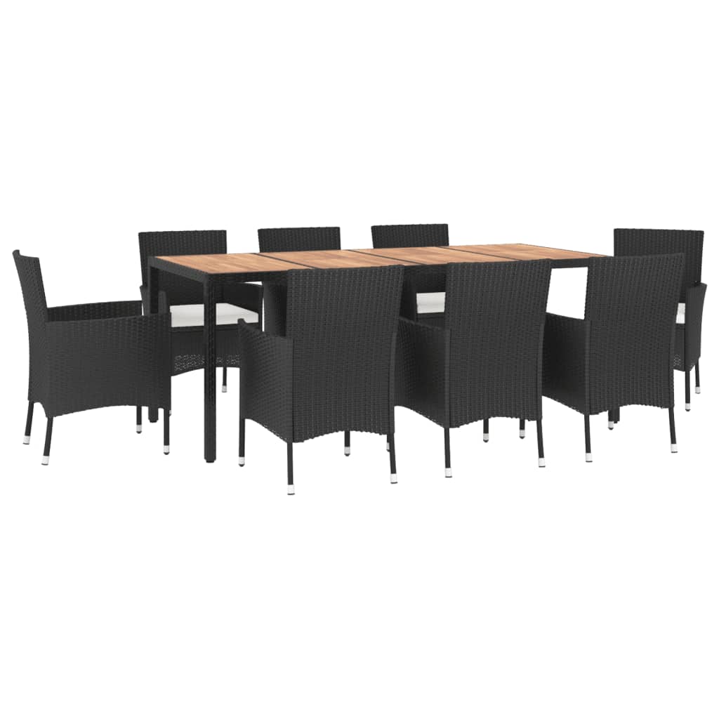 9 Piece Garden Dining Set With Cushions Black Poly Rattan