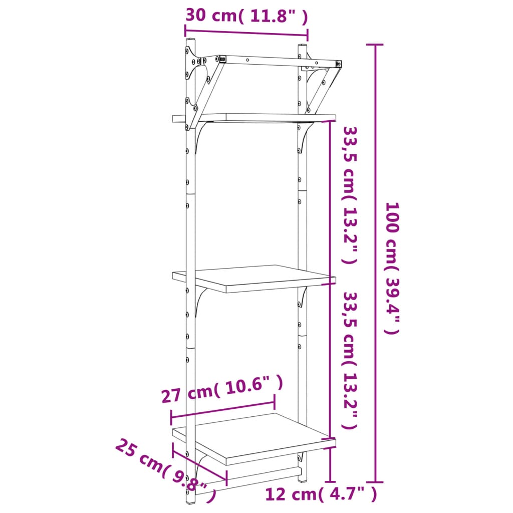 3-Tier Wall Shelves With Bars 2 Pcs