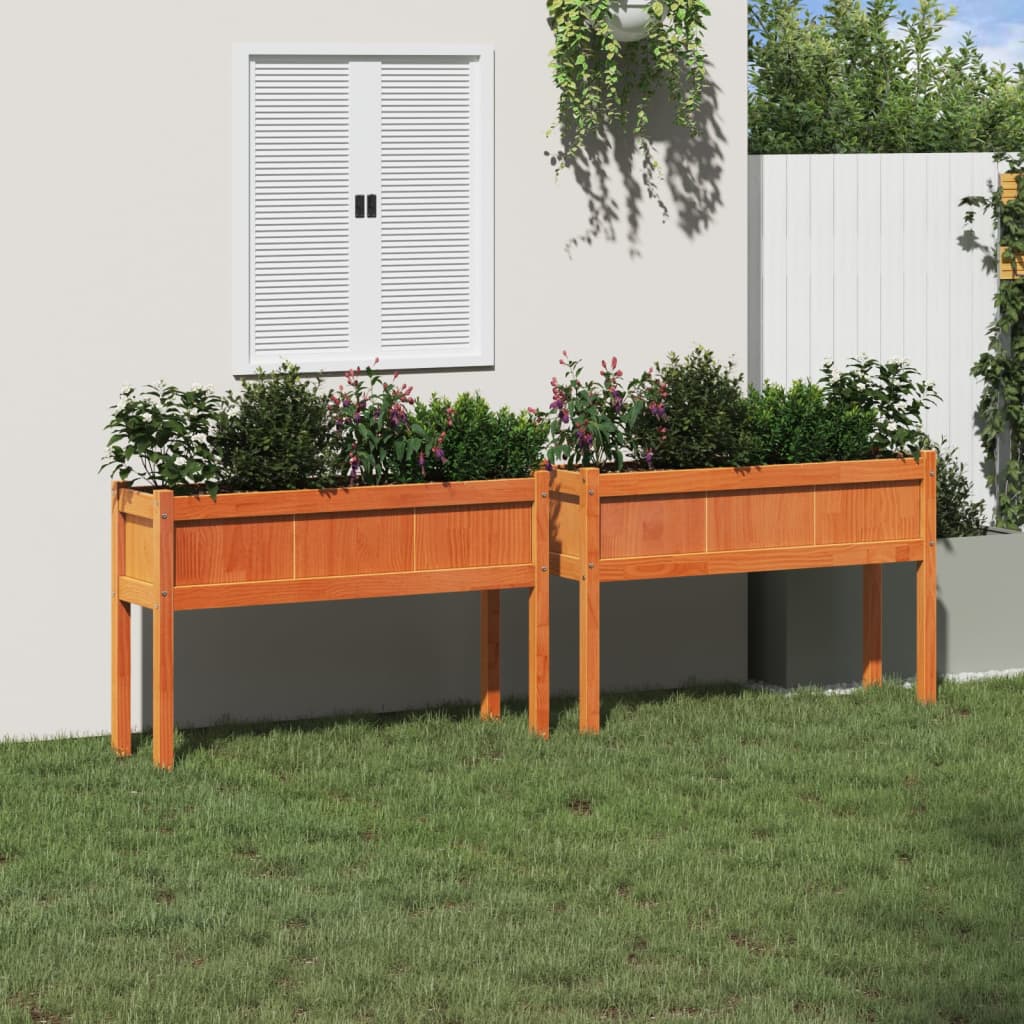 Garden Planters 2 Pcs With Legs Wax Brown Solid Wood Pine