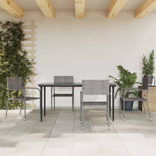 5 Piece Garden Dining Set Grey And Black Poly Rattan And Steel