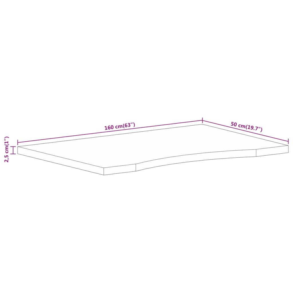 Desk Top With Curve 160X50X2.5 Cm Solid Wood Rough Mango