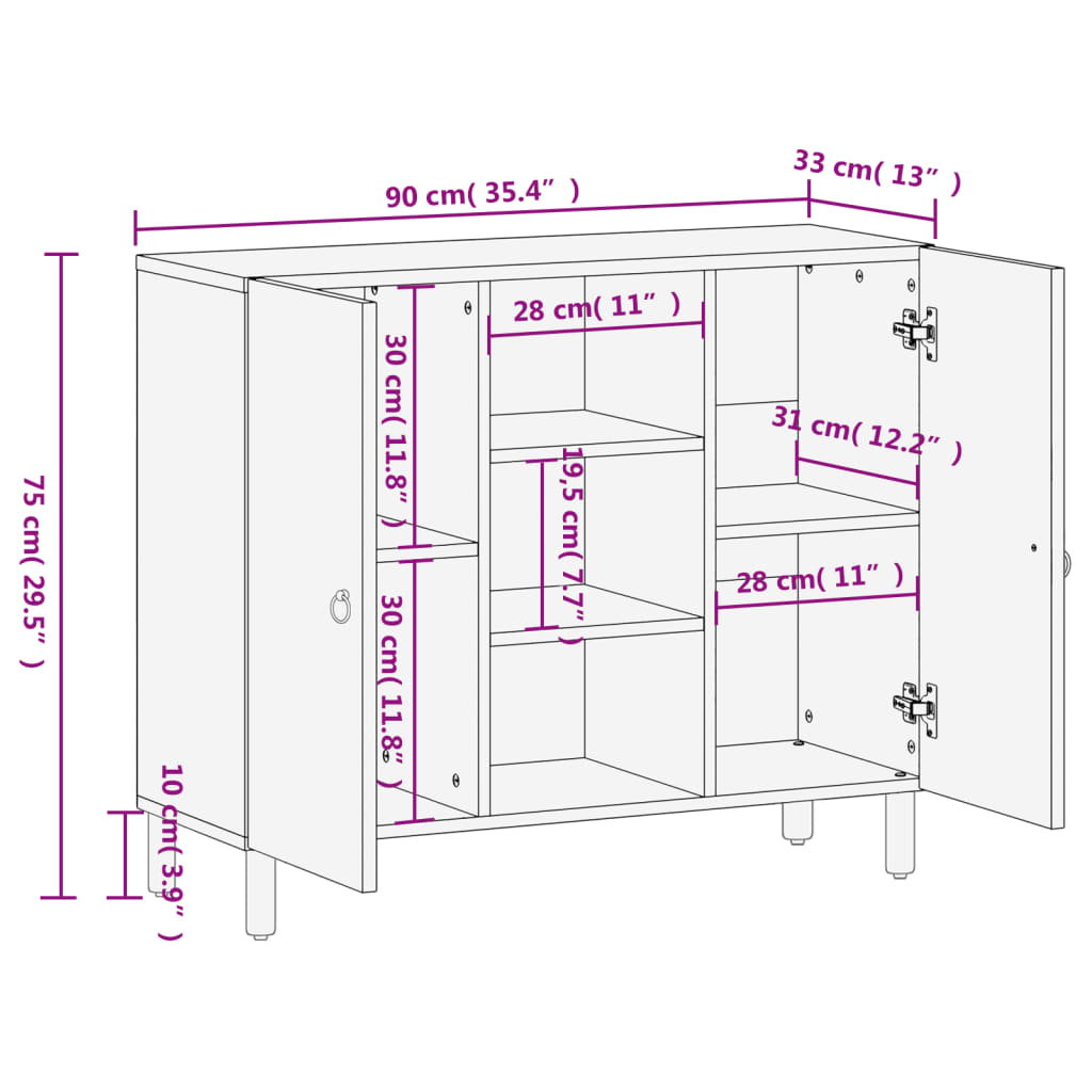 Sideboard Side Cabinet 90X33X75 Cm Solid Wood Mango engineered wood iron 90 cm