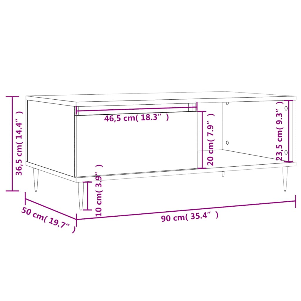 Coffee Table Smoked Oak Drawer Storage Living Room 90x50cm white Engineered wood