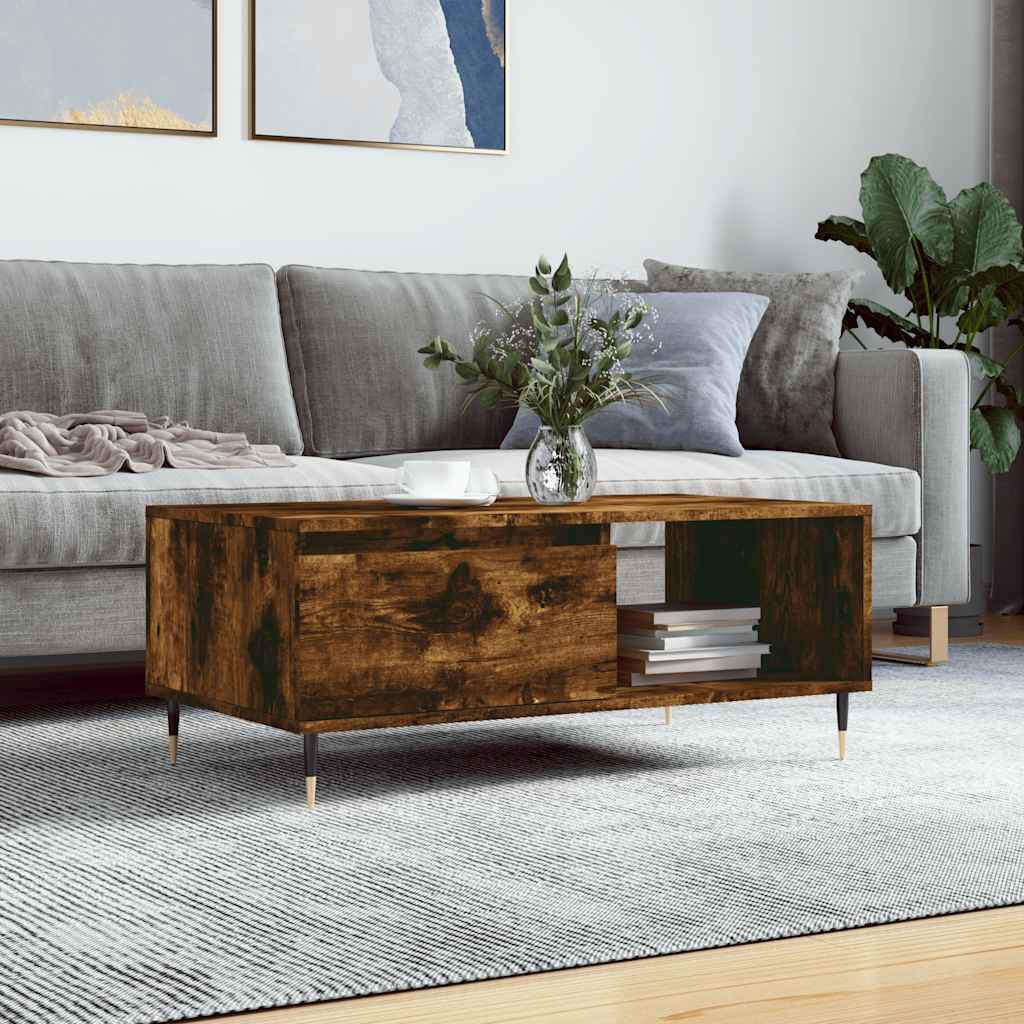 Coffee Table Smoked Oak Drawer Storage Living Room 90x50cm white Engineered wood