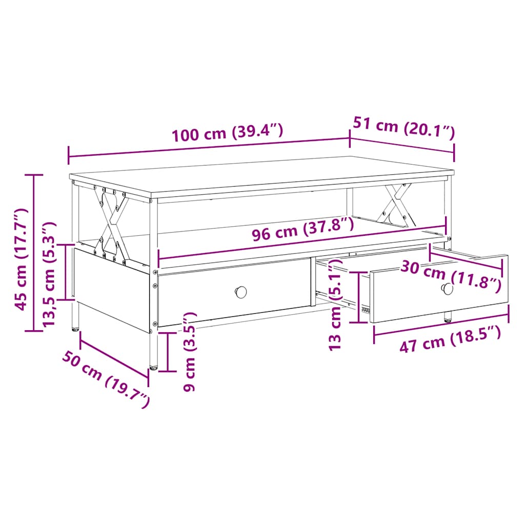 Coffee Table 100X51X45 Cm Engineered Wood Grey Sonoma Sonoma Oak Black Oak Metal