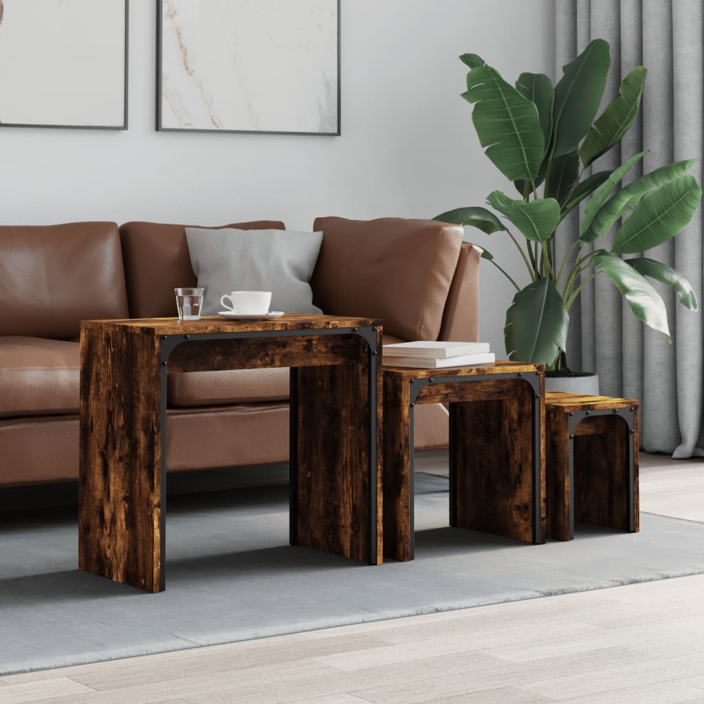 Coffee Table Nesting Tables 3 Pcs Engineered Wood Black Smoked Oak Grey Sonoma 6