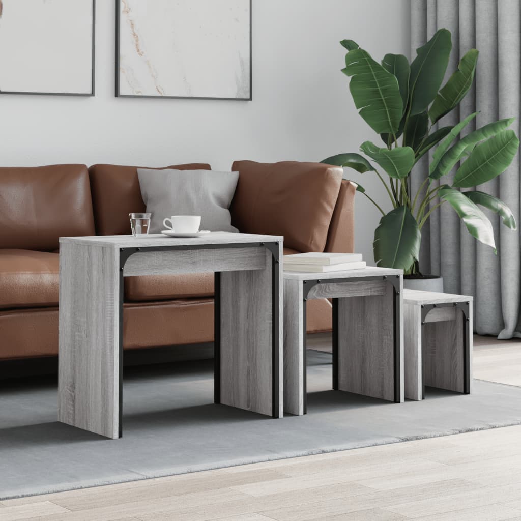 Coffee Table Nesting Tables 3 Pcs Engineered Wood Black Smoked Oak Grey Sonoma 6