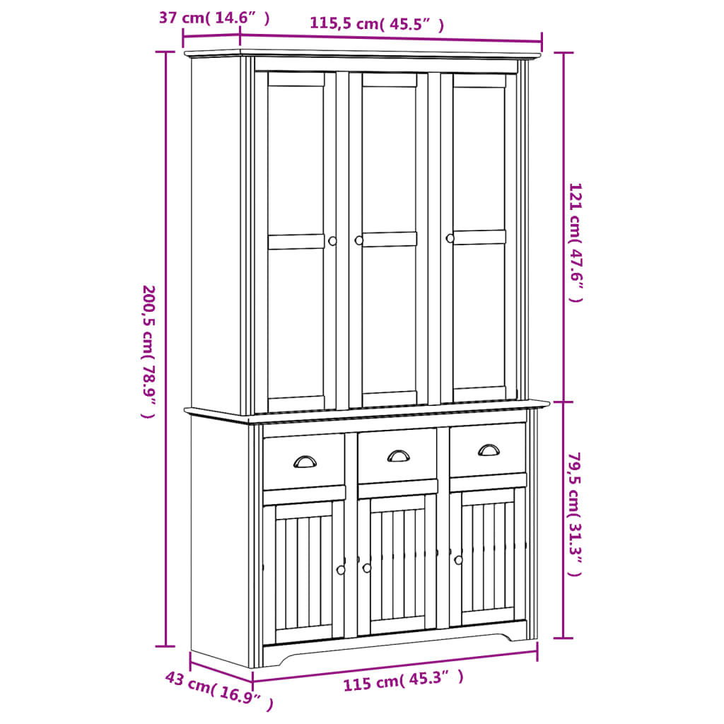 Highborad "Bodo" White And 115.5X43X200.5Cm Solid Wood Pine