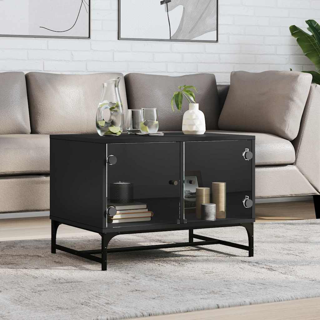 Coffee Table Glass Doors 68.5X50X50 Cm Smoked Oak Concrete Grey Sonoma Oak Black