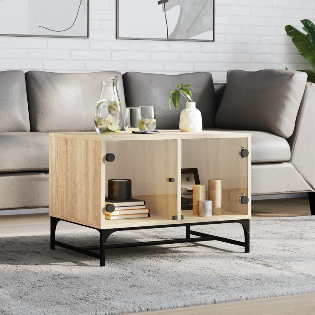 Coffee Table Glass Doors 68.5X50X50 Cm Smoked Oak Concrete Grey Sonoma Oak Black