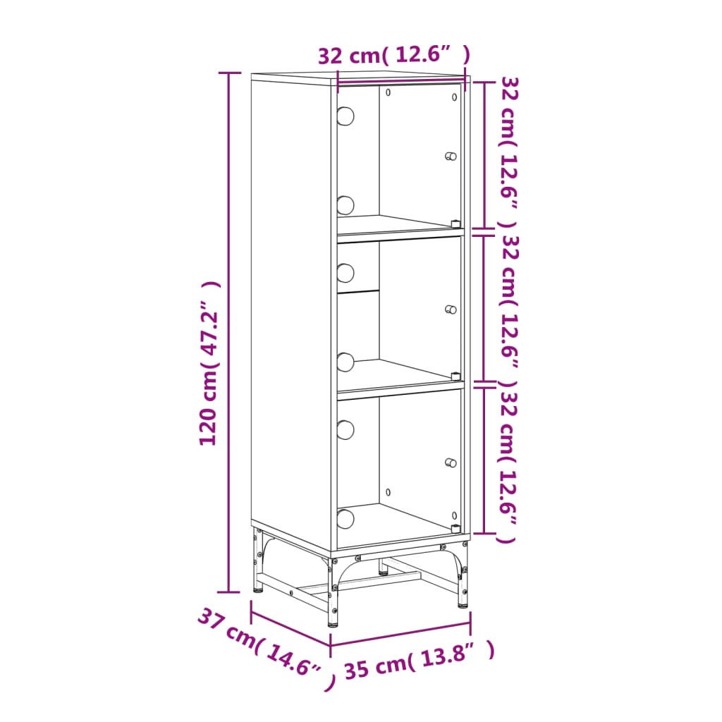 Sideboard Highboard Glass Doors 35X37X120 Cm White Black Oak Artisan Oak Steel 3
