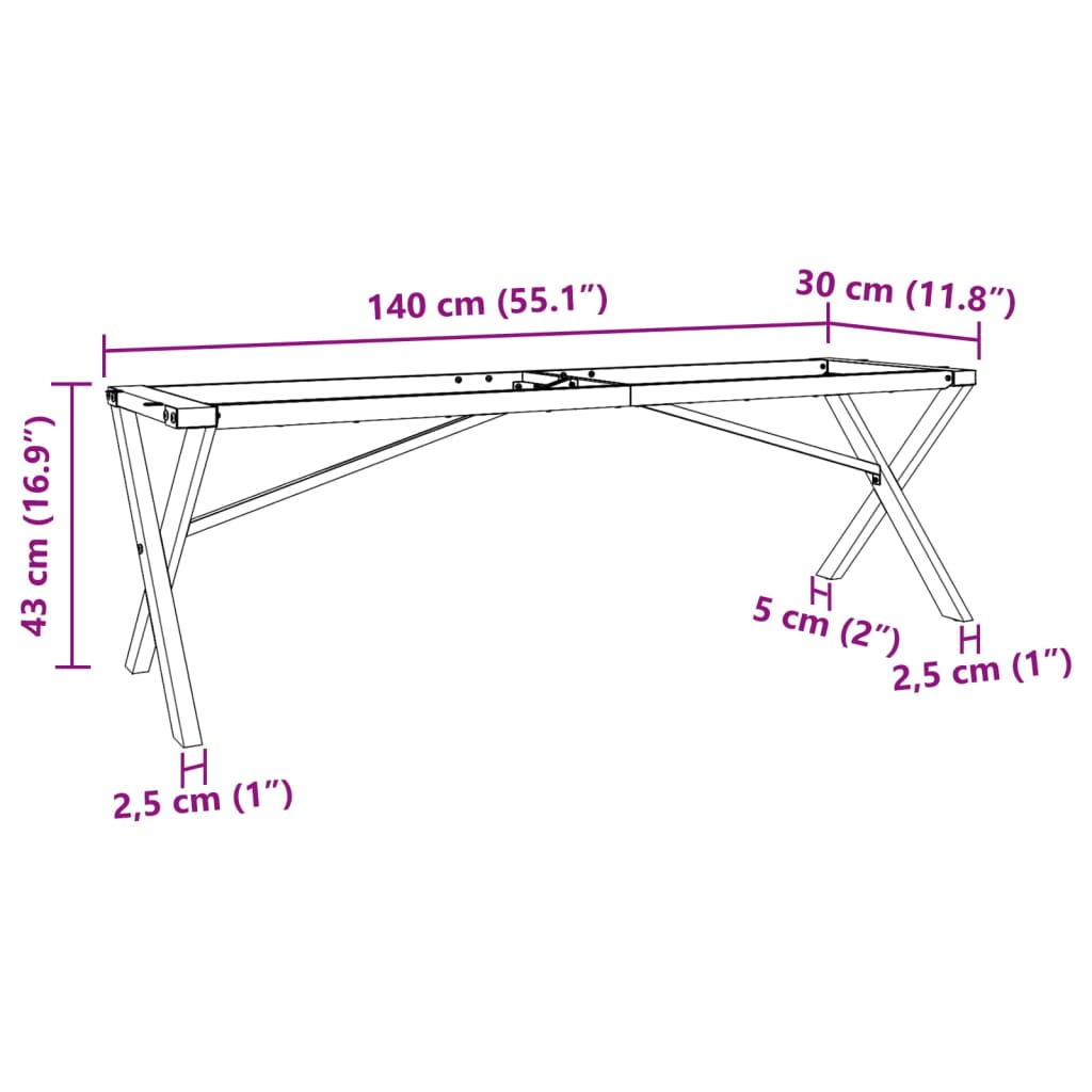 Table Legs Coffee X-Frame 140X30X43 Cm Steel Black Powder-coated steel LED 140 c
