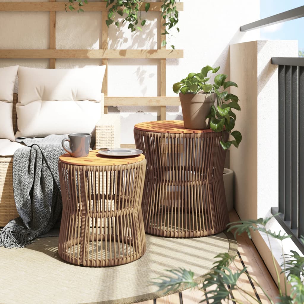 Garden Side Tables 2 Pcs With Wooden Top Poly Rattan