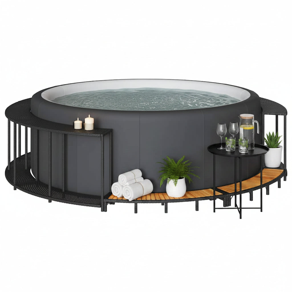 Hot Tub Surround With Storage And Wooden Step Poly Rattan