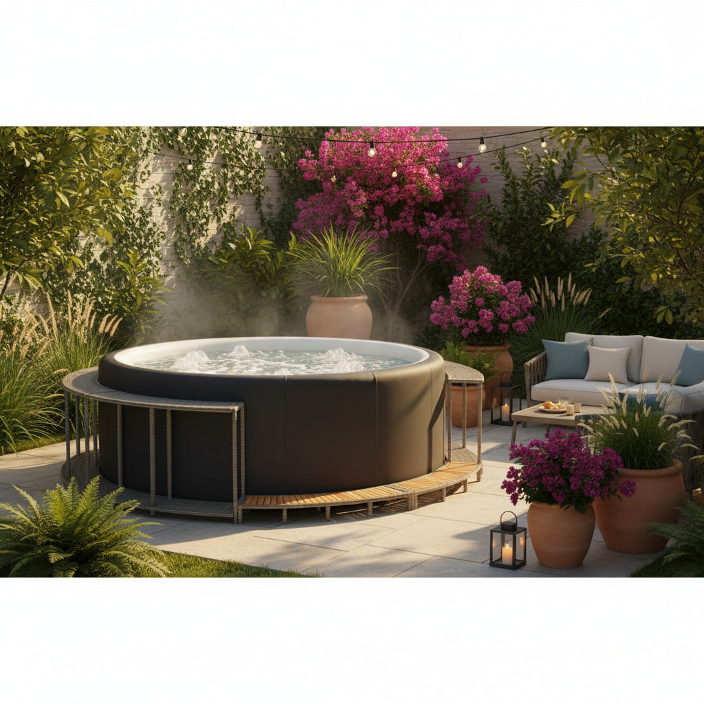 Hot Tub Surround With Storage And Wooden Step Poly Rattan