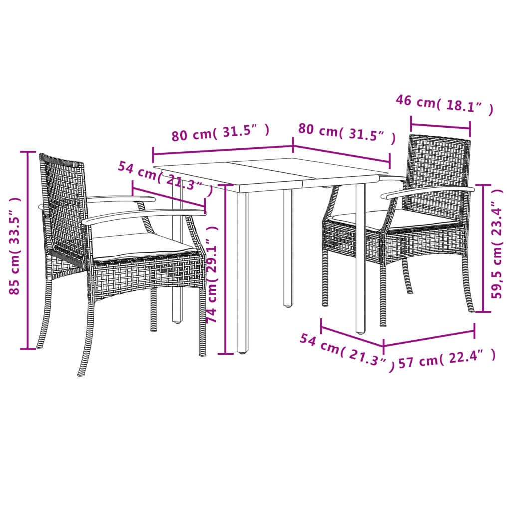 3 Piece Garden Dining Set With Cushions Poly Rattan