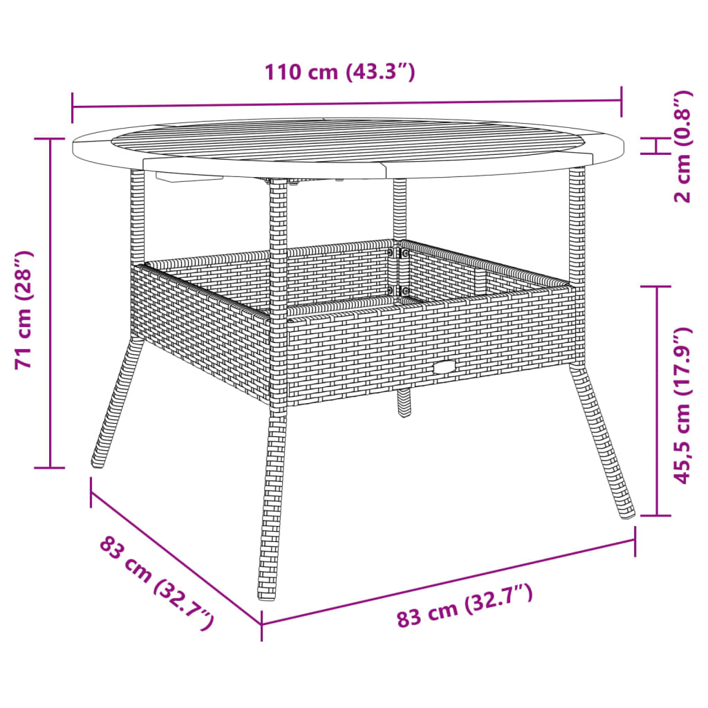 Outdoor Table Garden Acacia Wood Top Ø110X71 Cm Poly Rattan grey black beige