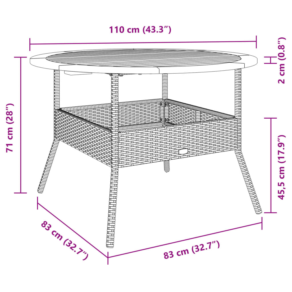 Outdoor Table Garden Acacia Wood Top Ø110X71 Cm Poly Rattan grey black beige