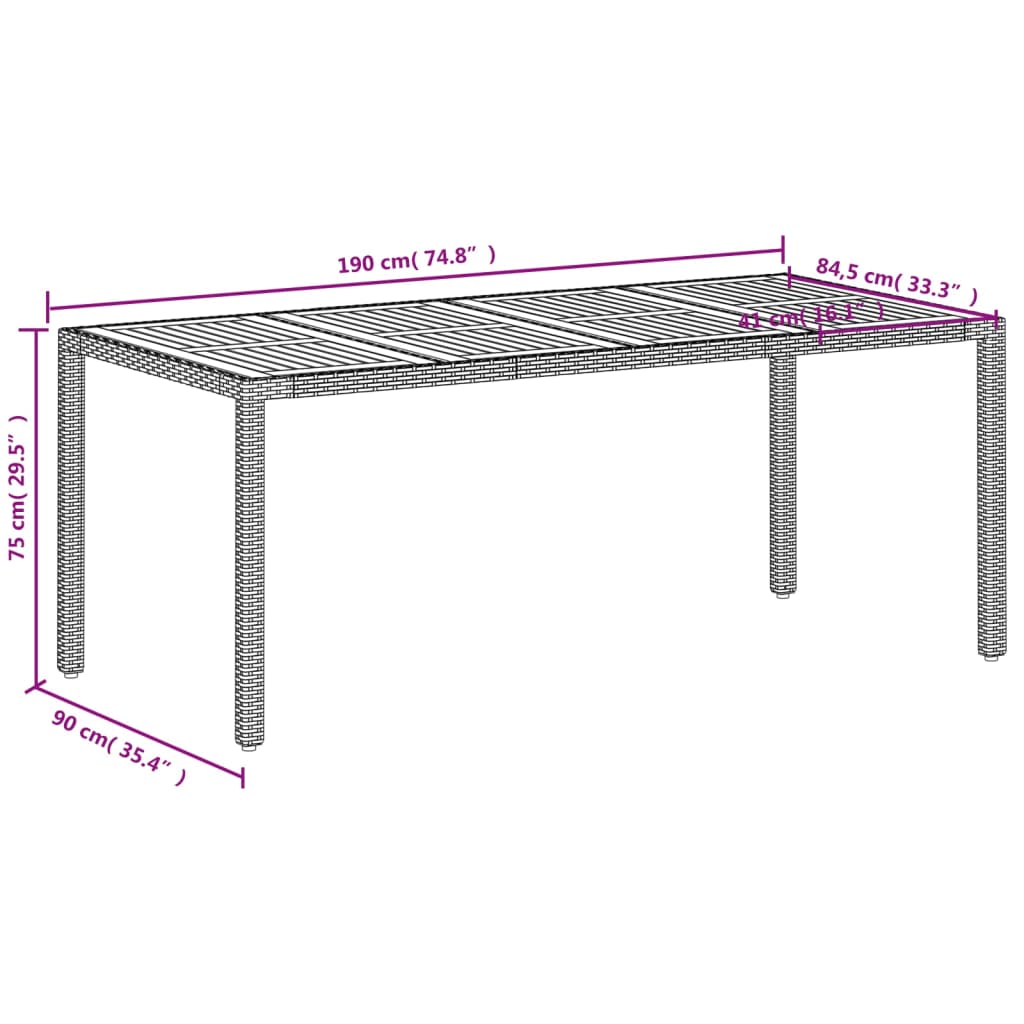 Garden Table 190X90X75 Cm Poly Rattan Acacia Wood