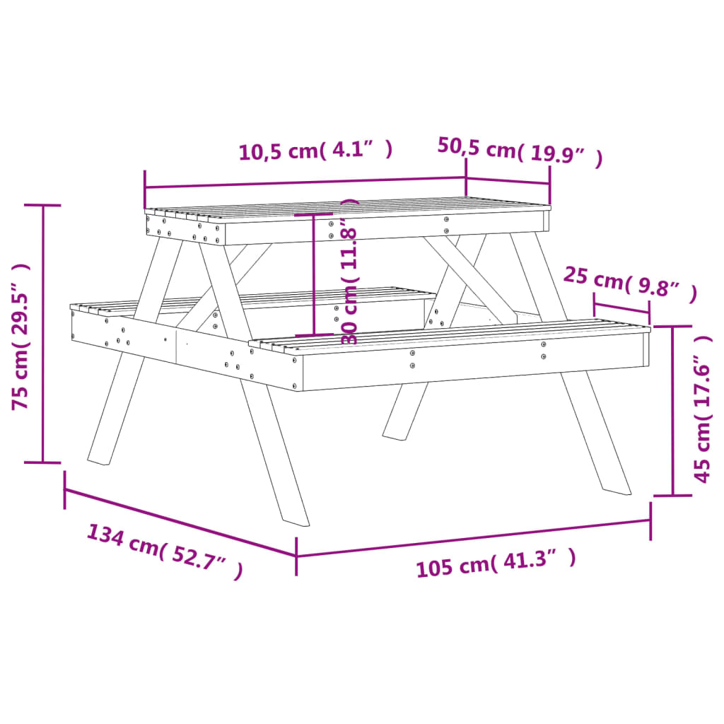 Picnic Table 105X134X75 Cm Solid Wood Pine