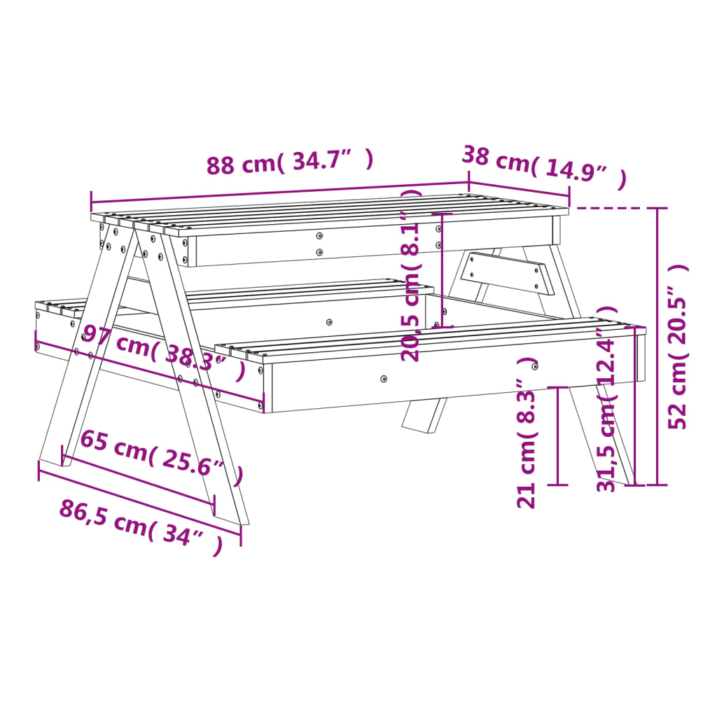 Picnic Table For Kids 88X97X52 Cm Solid Wood Pine