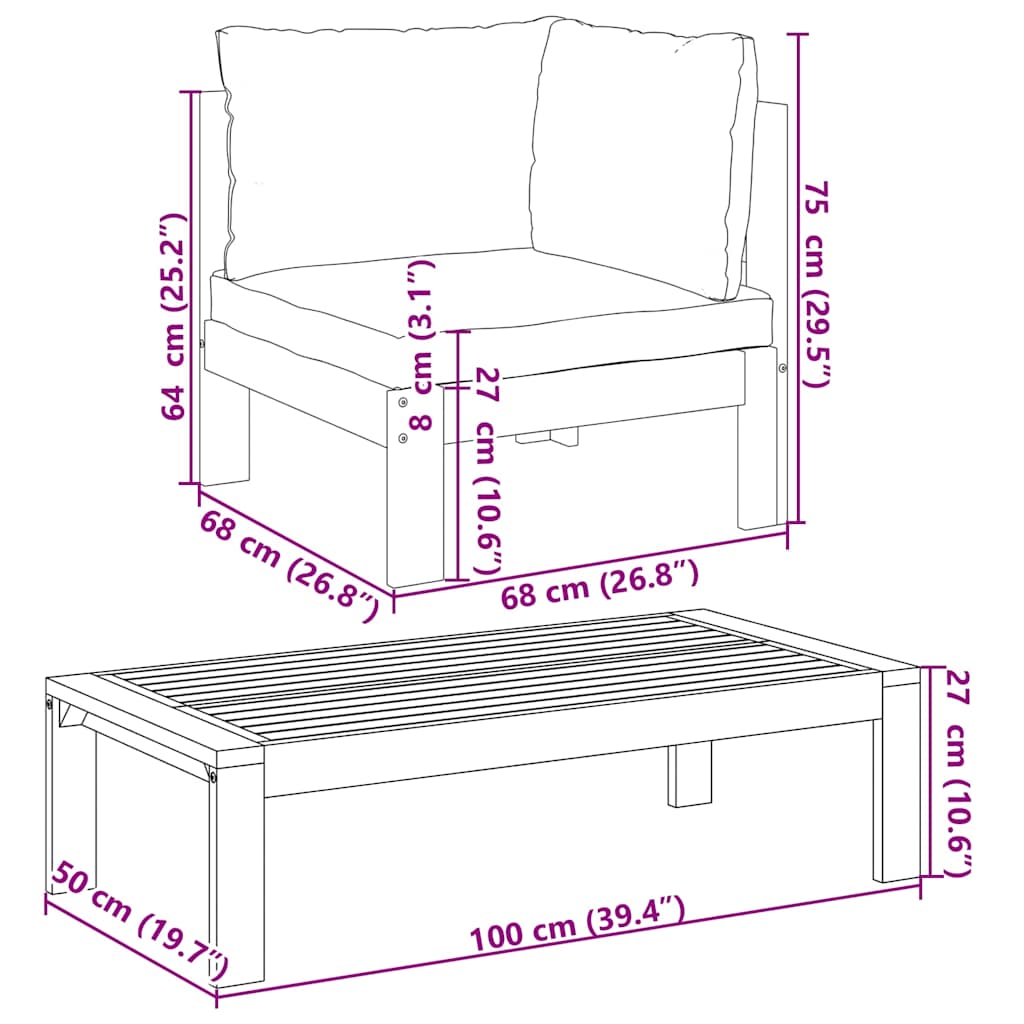2 Piece Garden With Cushions Solid Wood Acacia