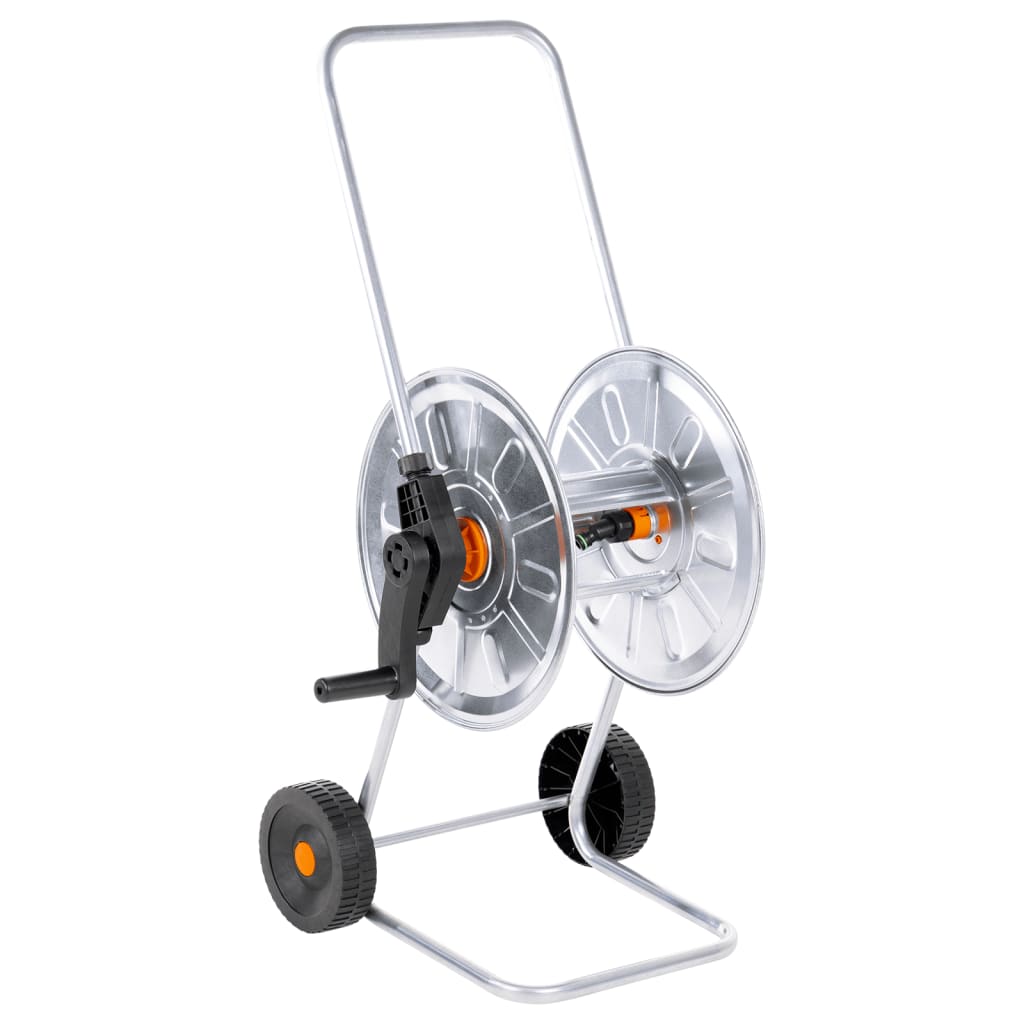 Garden Hose Storage Reel Cart 60m Heavy Duty Galvanised Steel Trolley Wheels LED