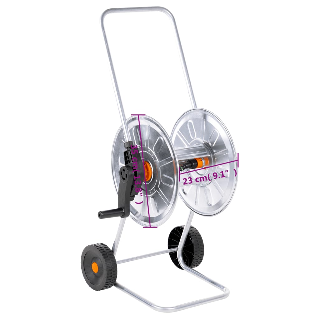 Garden Hose Storage Reel Cart 60m Heavy Duty Galvanised Steel Trolley Wheels LED