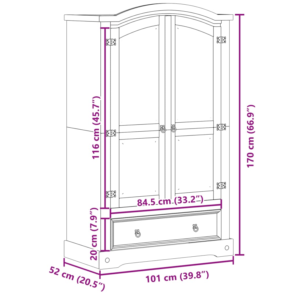Wardrobe "Corona" 101X52X170 Cm Solid Wood Pine engineered wood metal 101 cm