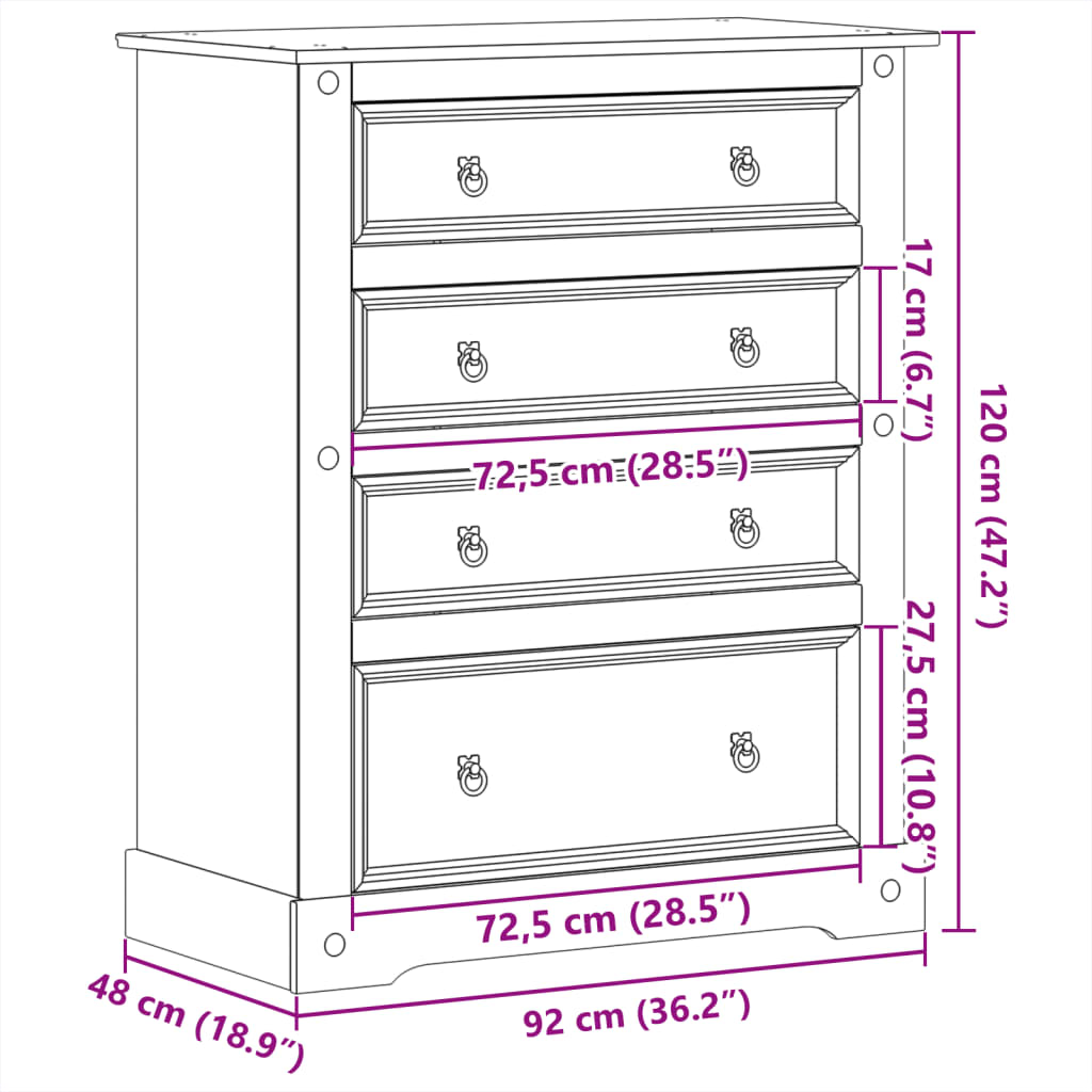 Chest Of Drawers Corona 92X48X114 Cm Solid Wood Pine