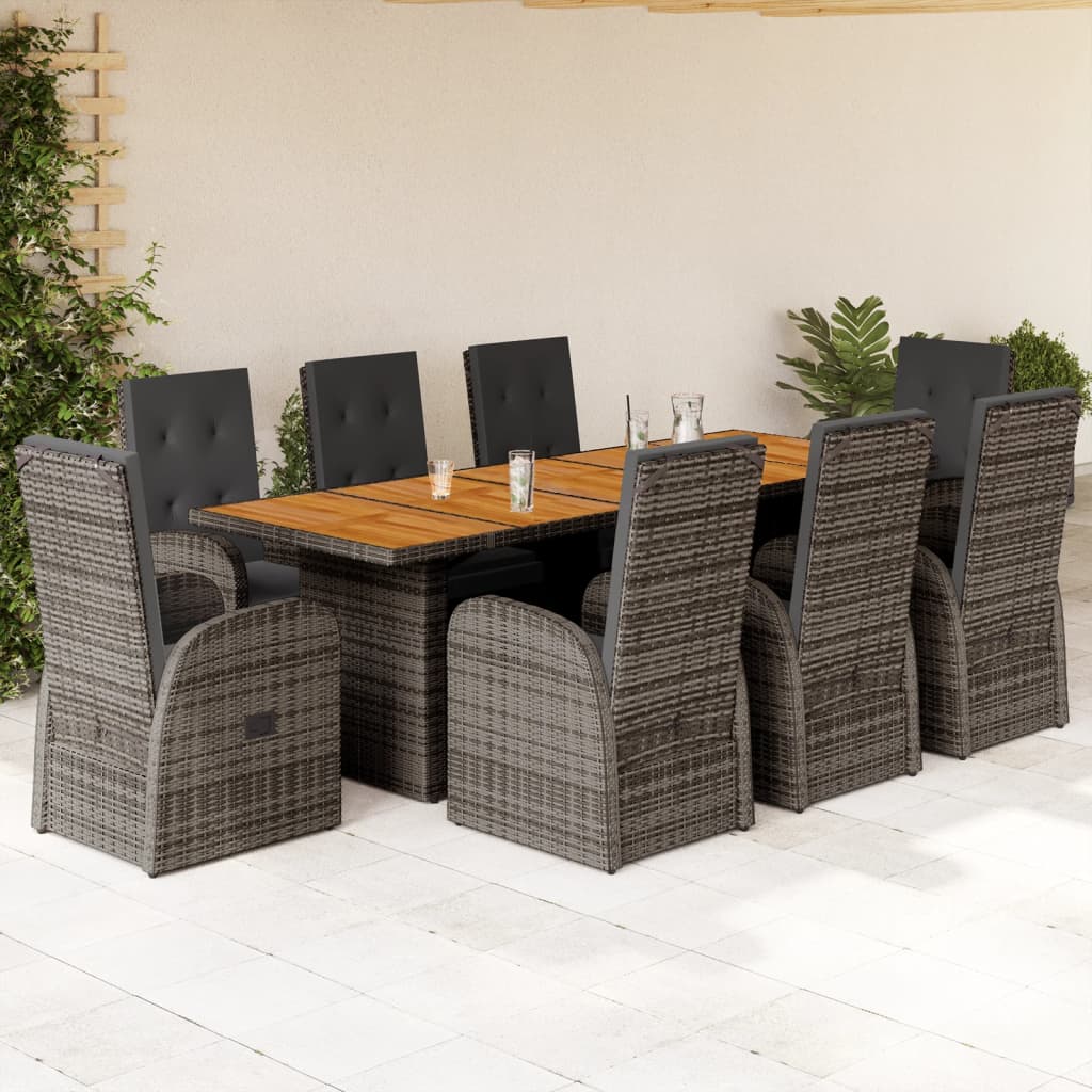 9 Piece Garden Dining Set With Cushions Grey Poly Rattan