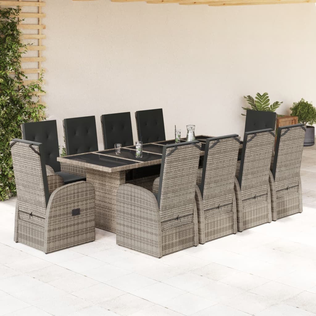 9 Piece Garden Dining Set With Cushions Grey Poly Rattan