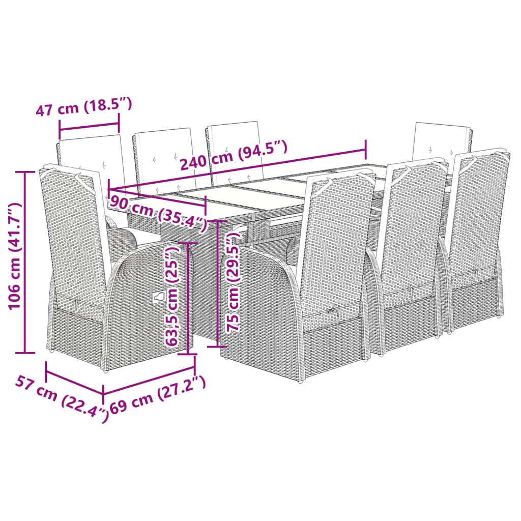 9 Piece Garden Dining Set With Cushions Grey Poly Rattan