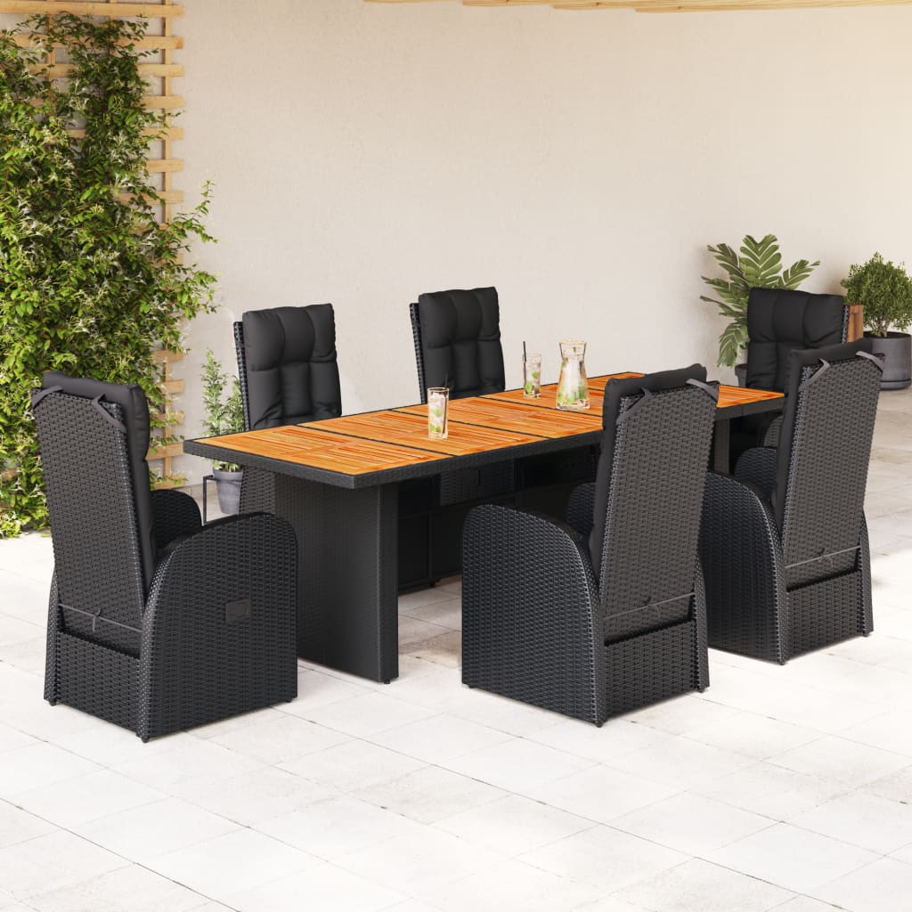 7 Piece Garden Dining Set With Cushions Black Poly Rattan