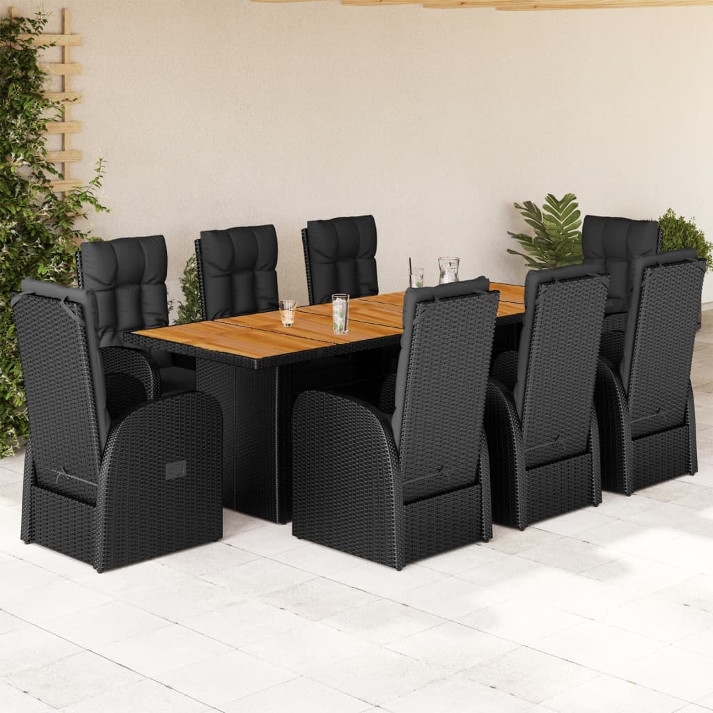 7 Piece Garden Dining Set With Cushions Black Poly Rattan