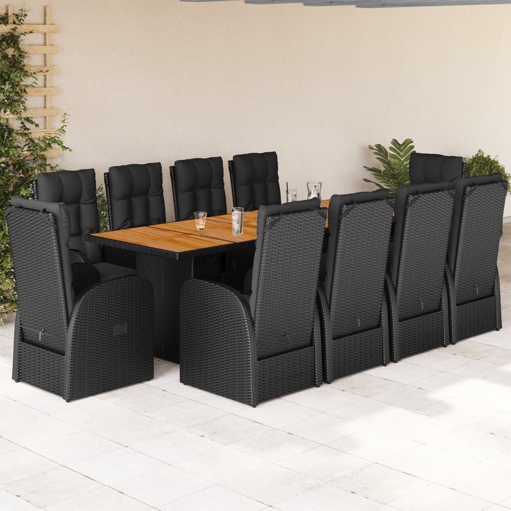 7 Piece Garden Dining Set With Cushions Black Poly Rattan