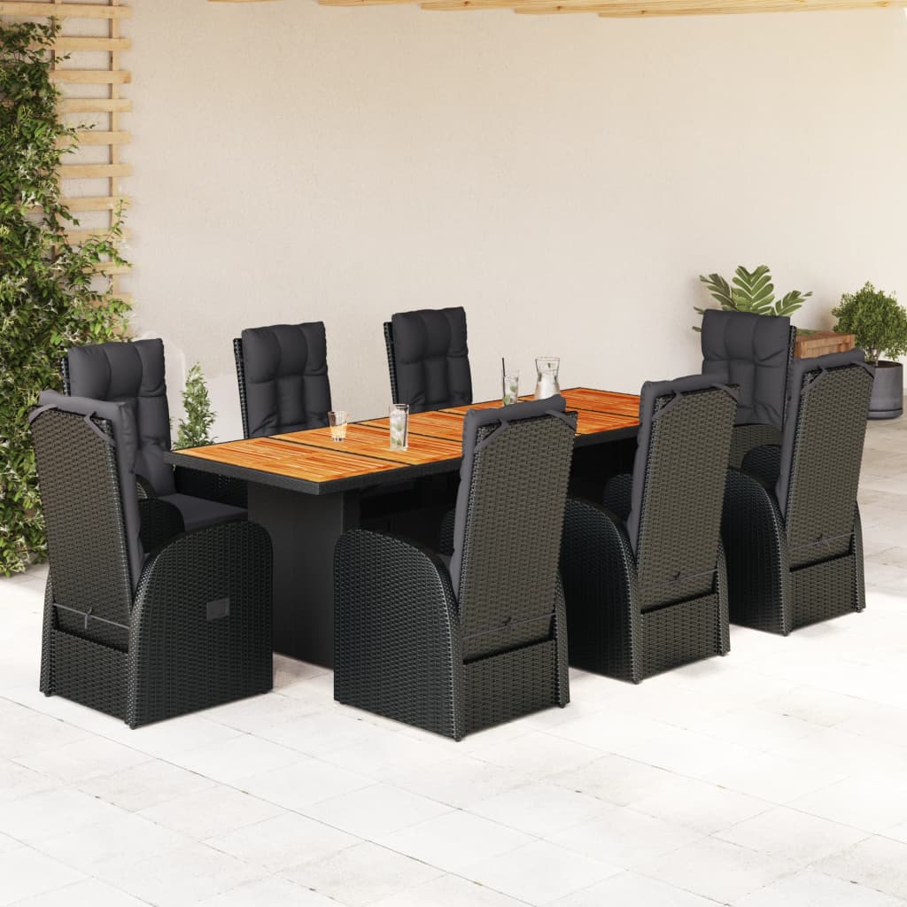 7 Piece Garden Dining Set With Cushions Black Poly Rattan
