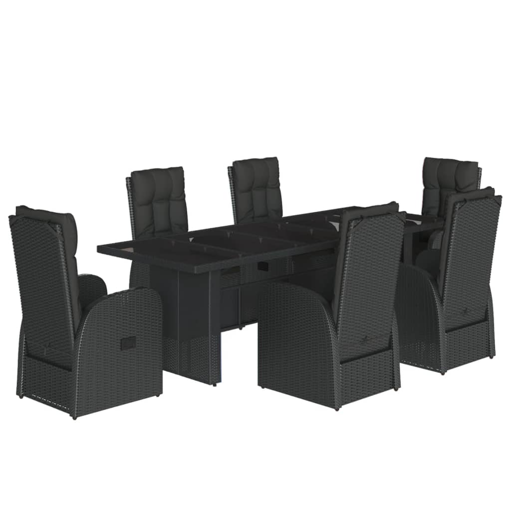 7 Piece Garden Dining Set With Cushions Black Poly Rattan