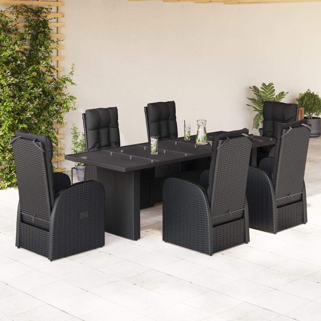 7 Piece Garden Dining Set With Cushions Black Poly Rattan