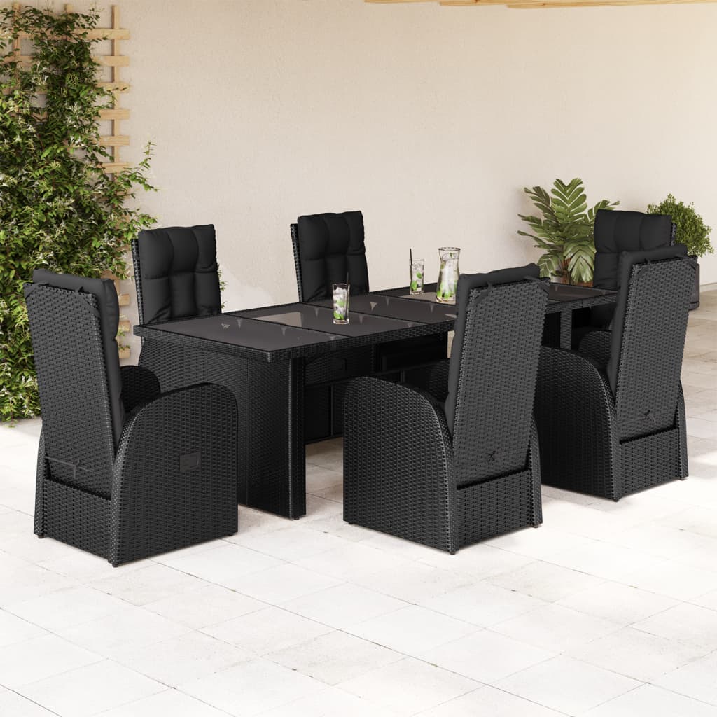 7 Piece Garden Dining Set With Cushions Black Poly Rattan