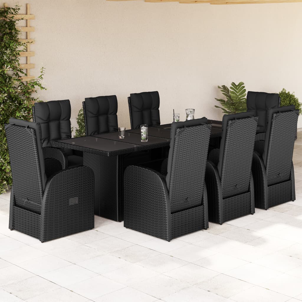 7 Piece Garden Dining Set With Cushions Black Poly Rattan