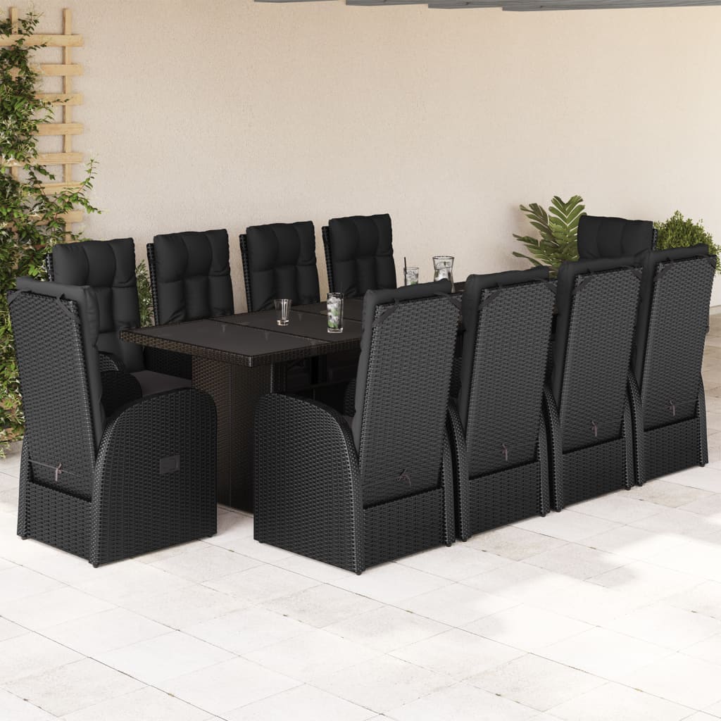 7 Piece Garden Dining Set With Cushions Black Poly Rattan