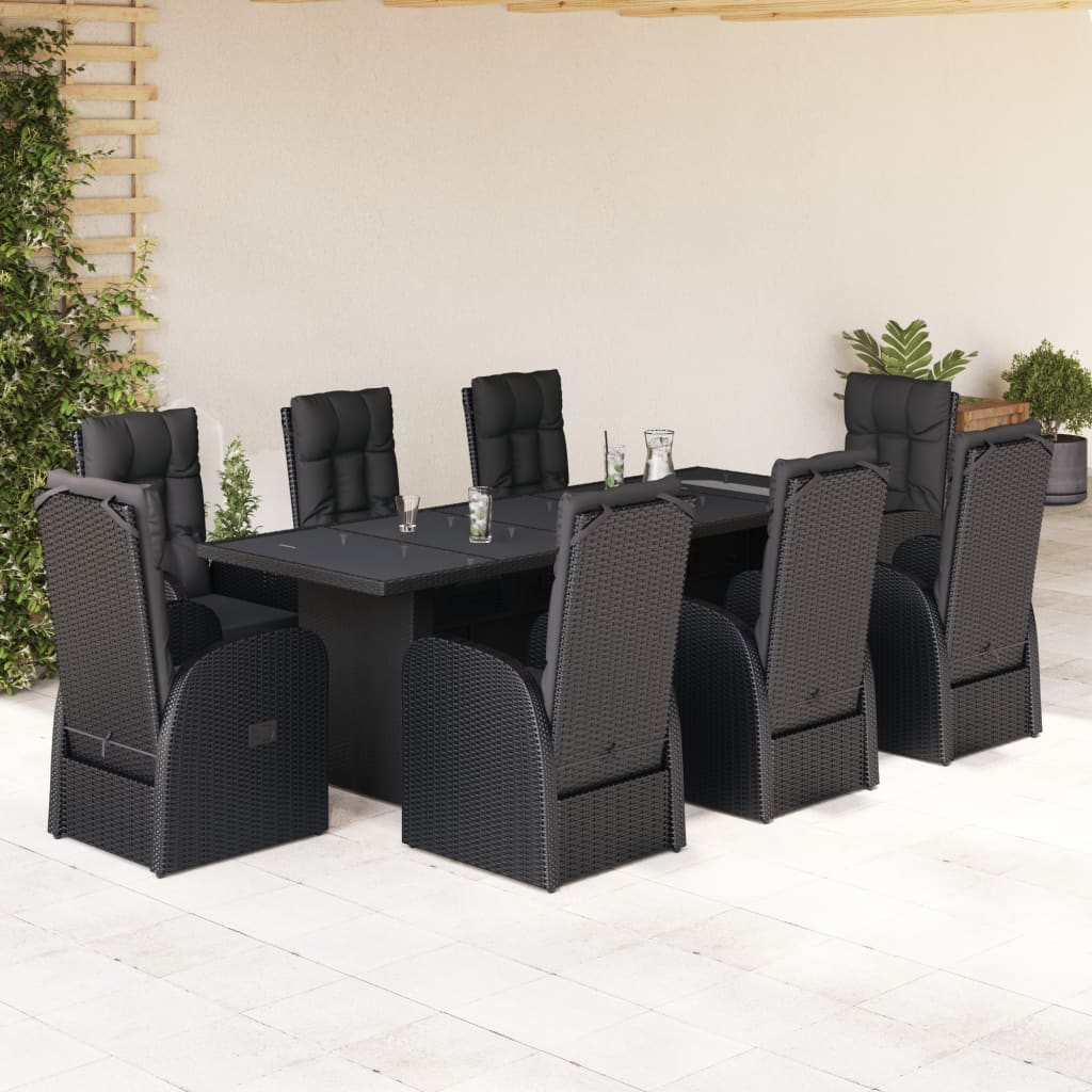 7 Piece Garden Dining Set With Cushions Black Poly Rattan