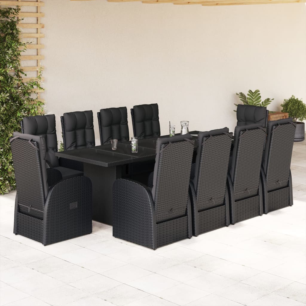 7 Piece Garden Dining Set With Cushions Black Poly Rattan