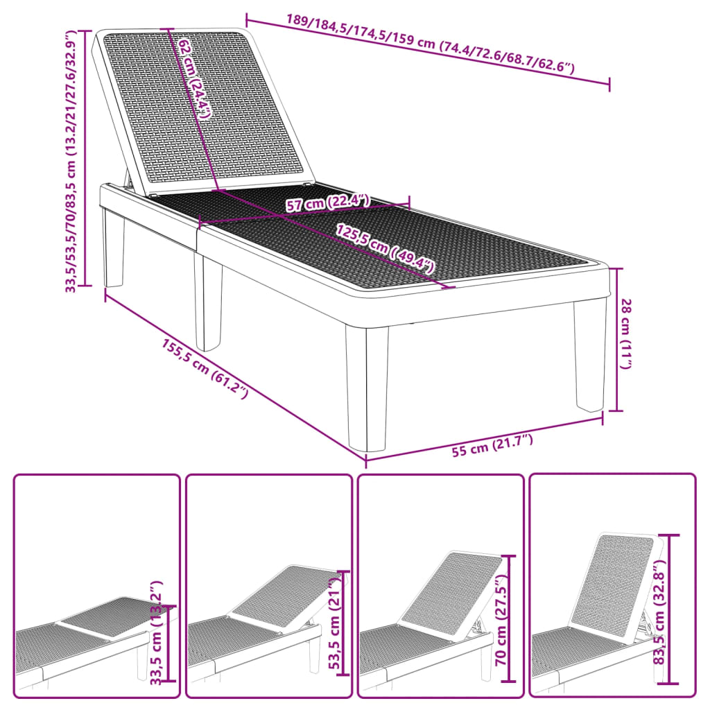 4-Way Height Adjustable Sun Lounger 155.5X57X28 Cm Polypropylene