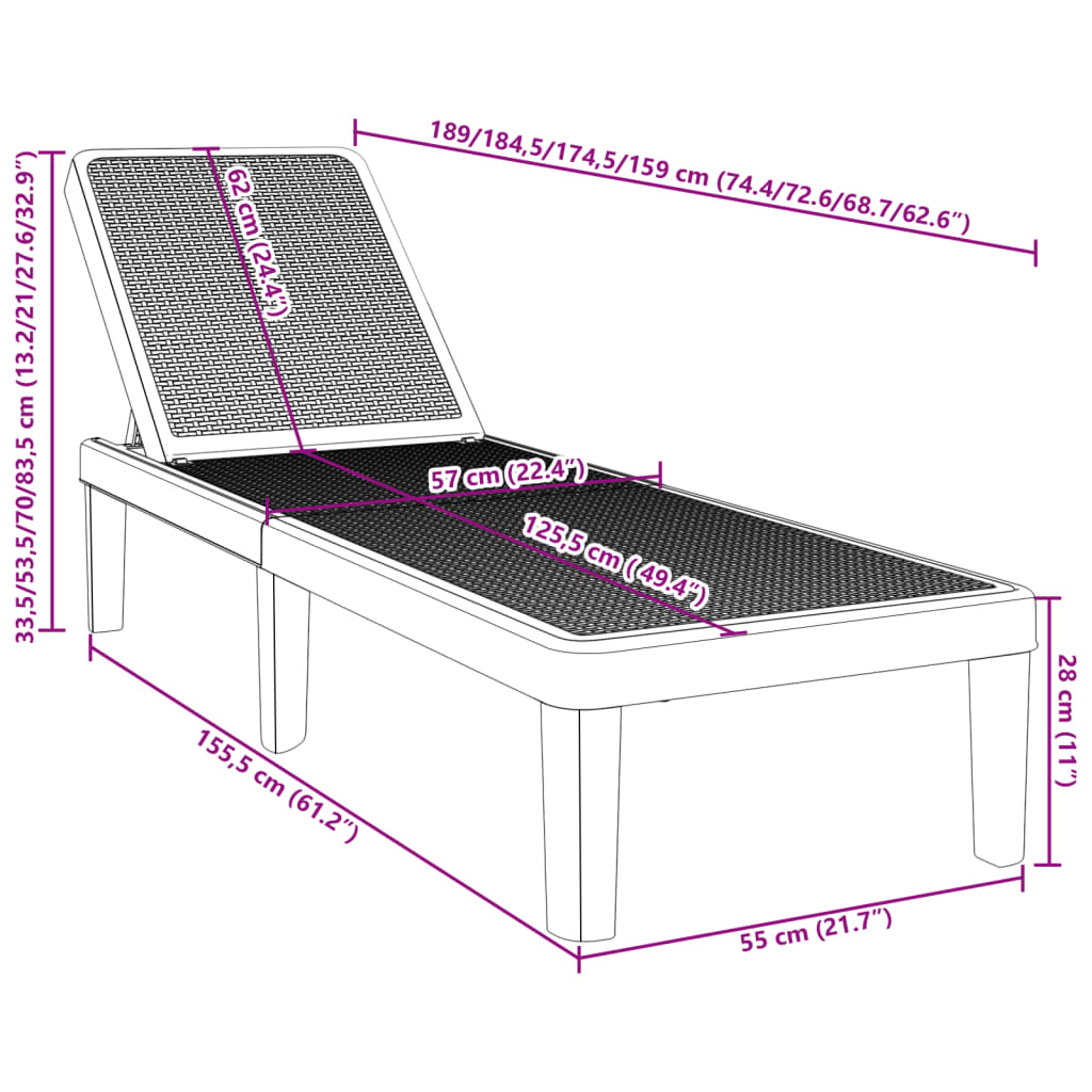 4-Way Height Adjustable Sun Lounger 155.5X57X28 Cm Polypropylene