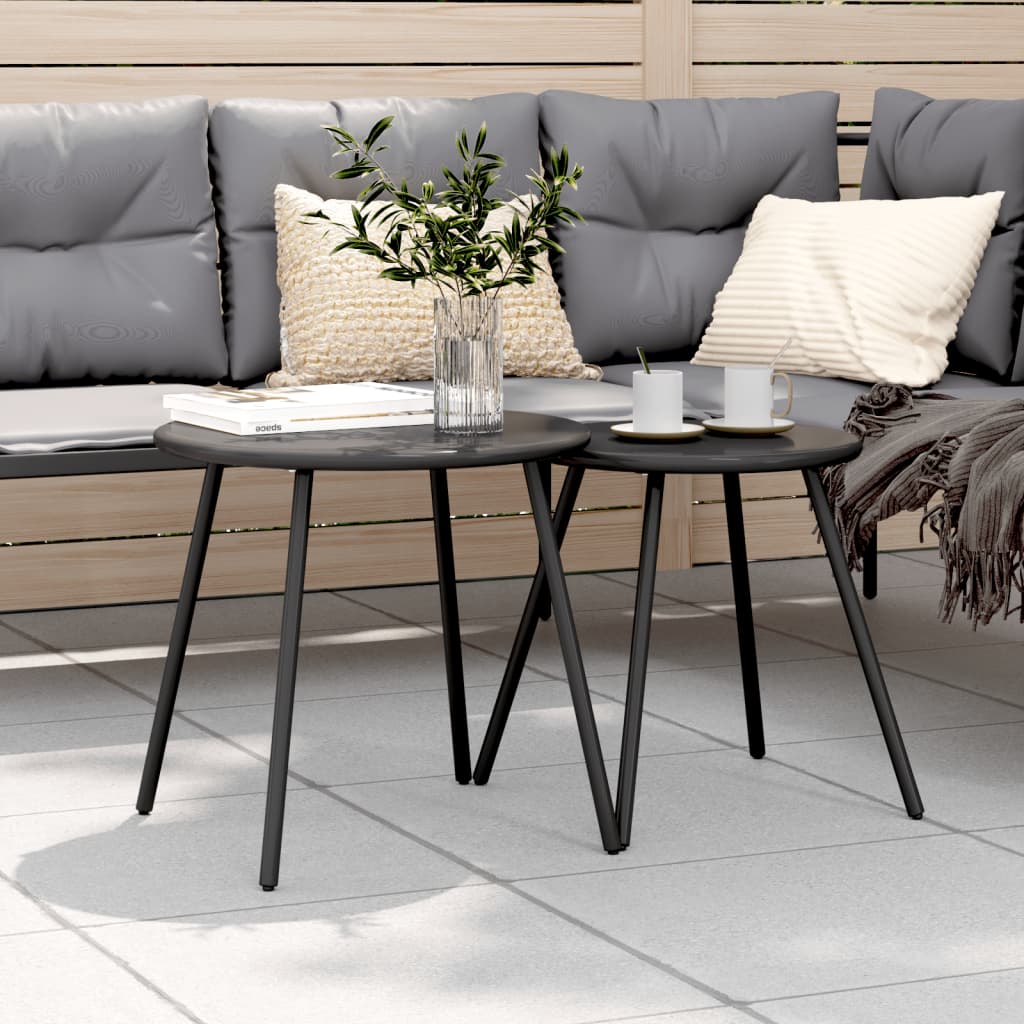 Outdoor Table Garden Coffee Table 2 Pcs Round Black Powder-Coated Steel